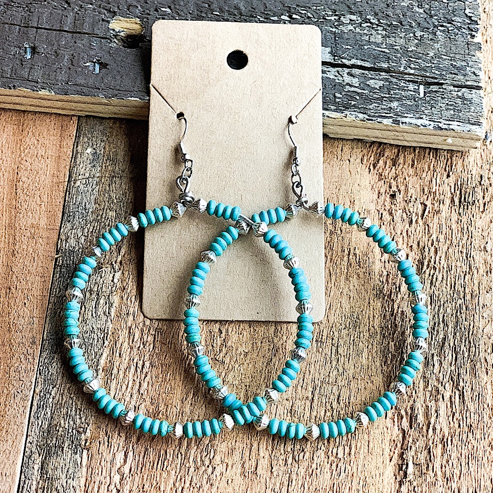 TURQUOISE HOOP EARRINGS WITH SILVER BEADING